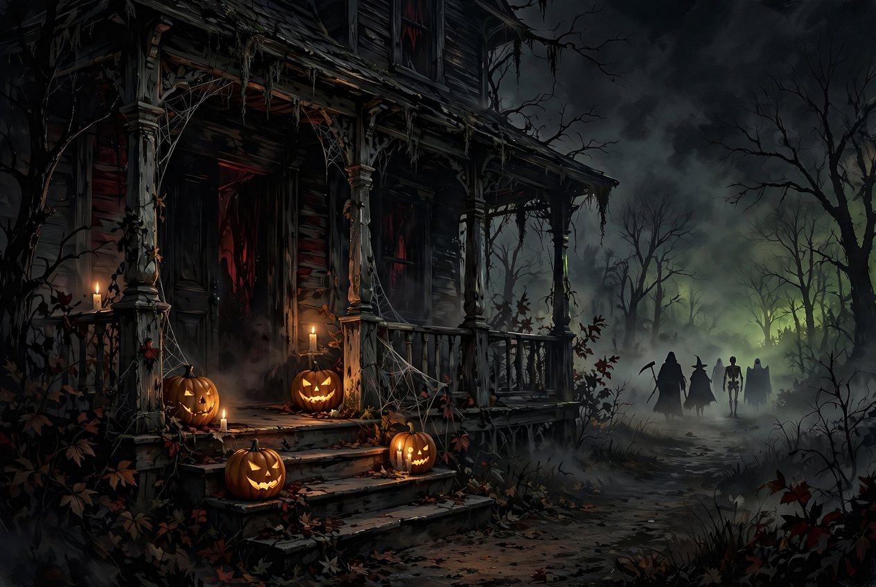 Illustrated dispatch art of a lantern-lit Halloween porch at dusk, pumpkins on the steps and fog in the street