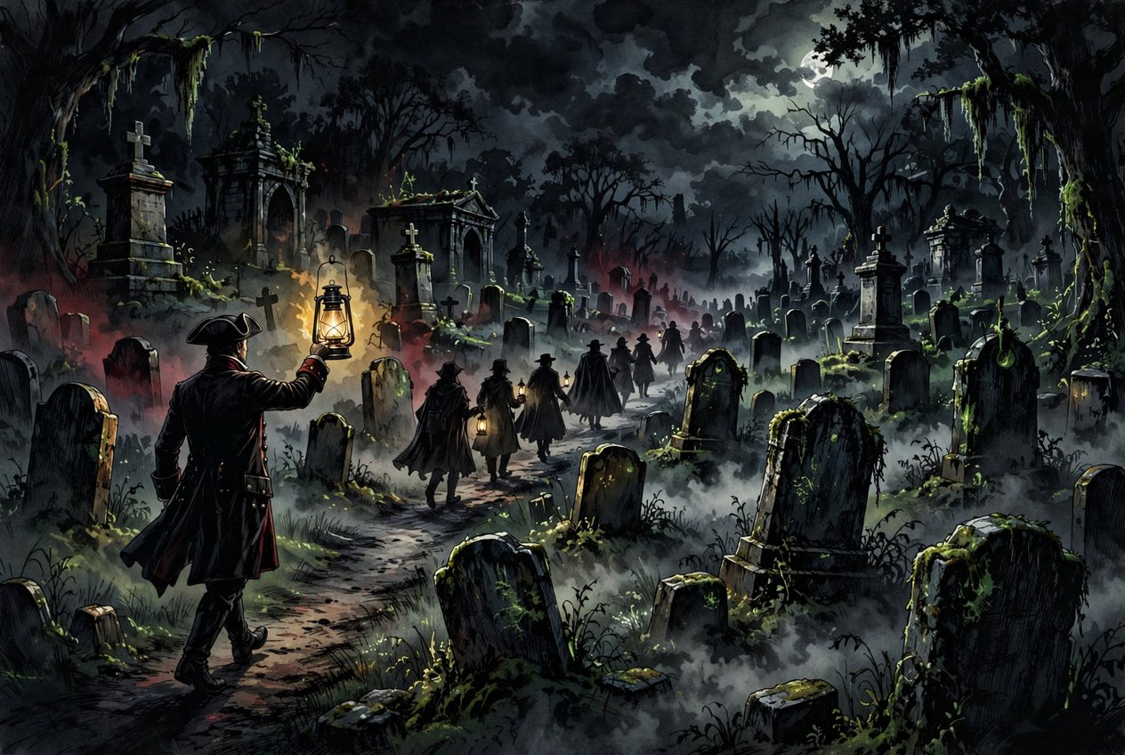 A theatrical tour guide in colonial attire holding a kerosene lantern among ancient mossy gravestones